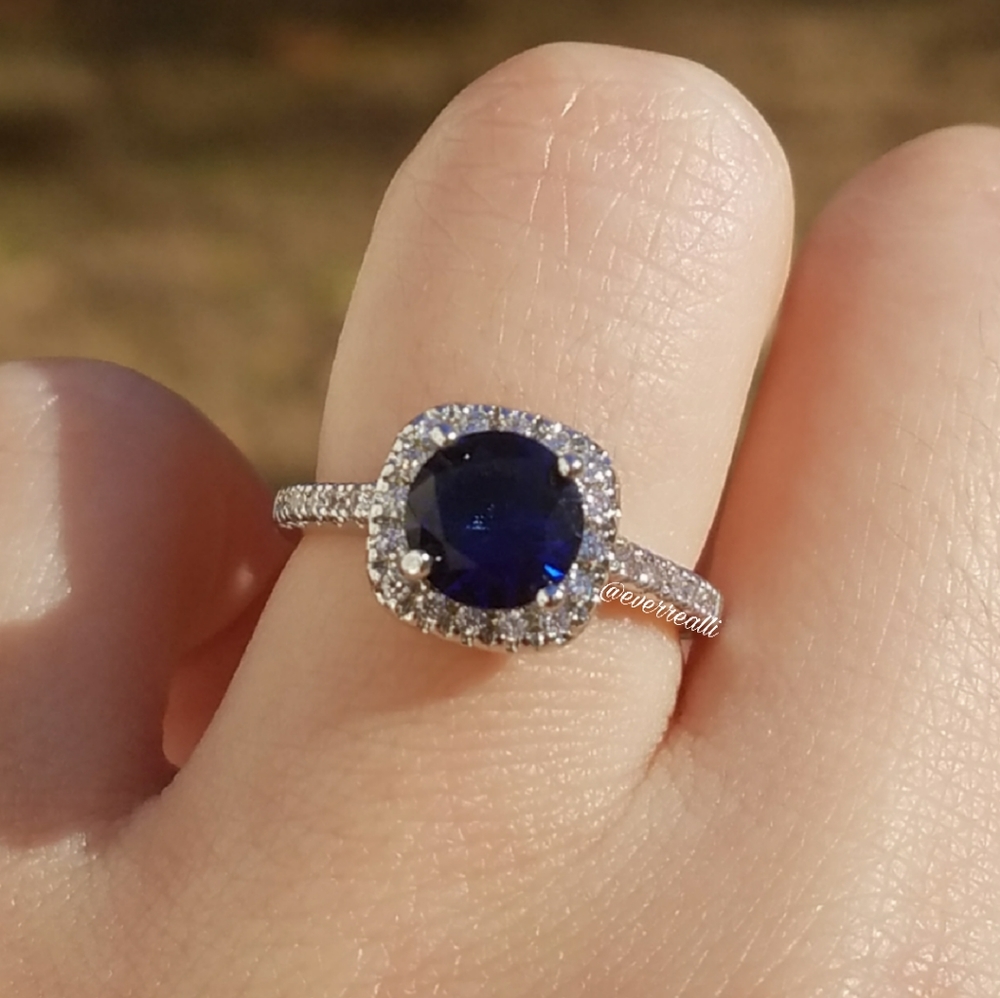 NEW Round Dark Blue Sapphire & Diamond Halo Ring - Picture 4 of 7